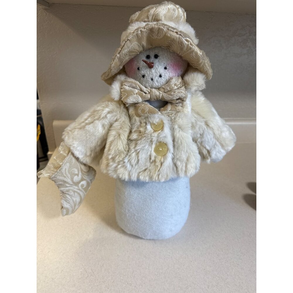 Plush Snowman Figurine In Faux Fur Coat & Hat With Gold Brocade Accents